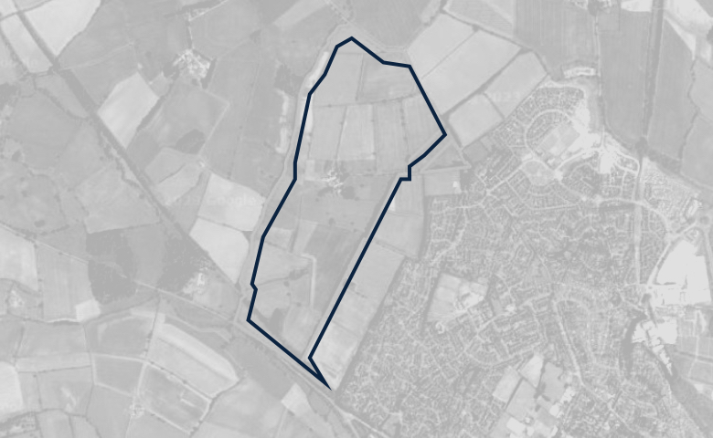 Greyscale aerial image of a plot of land, outlined in dark blue.
