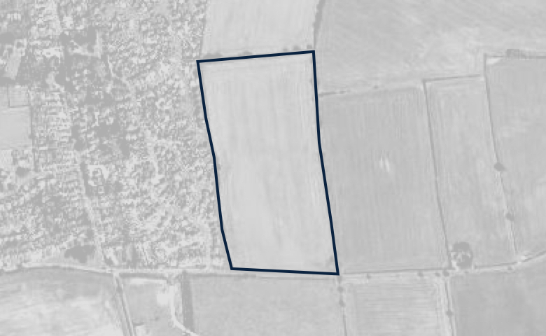 Greyscale aerial image of a plot of land, outlined in dark blue.