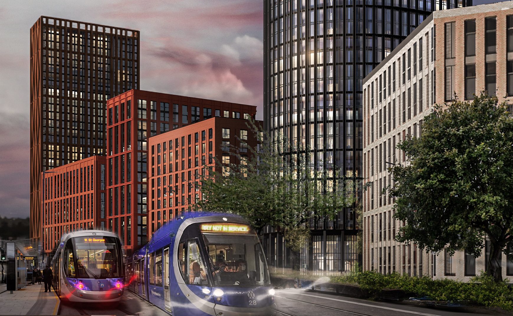 Image containing trams in the foreground and buildings in the background.